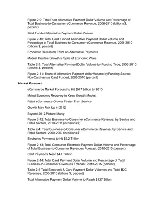 Figure 2-9: Total Pure Alternative Payment Dollar Volume and Percentage of
     Total Business-to-Consumer eCommerce Revenue, 2006-2010 (billions $,
     percent)
     Card-Funded Alternative Payment Dollar Volume
     Figure 2-10: Total Card Funded Alternative Payment Dollar Volume and
     Percentage of Total Business-to-Consumer eCommerce Revenue, 2006-2010
     (billions $, percent)
     Economic Recession Effect on Alternative Payments
     Modest Positive Growth in Spite of Economic Woes
     Table 2-3: Total Alternative Payment Dollar Volume by Funding Type, 2006-2010
     (billions $, percent)
     Figure 2-11: Share of Alternative Payment dollar Volume by Funding Source:
     Non-Card versus Card Funded, 2006-2010 (percent)
Market Forecast
     eCommerce Market Forecast to Hit $647 billion by 2015
     Muted Economic Recovery to Keep Growth Modest
     Retail eCommerce Growth Faster Than Service
     Growth May Pick Up in 2012
     Beyond 2012 Picture Murky
     Figure 2-12: Total Business-to-Consumer eCommerce Revenue, by Service and
     Retail Sectors, 2010-2015 (in billions $)
     Table 2-4: Total Business-to-Consumer eCommerce Revenue, by Service and
     Retail Sectors, 2000-2007 (in billions $)
     Electronic Payments to Hit $5.2 Trillion
     Figure 2-13: Total Consumer Electronic Payment Dollar Volume and Percentage
     of Total Business-to-Consumer Revenues Forecast, 2010-2015 (percent)
     Card Payments Near $4.6 Trillion
     Figure 2-14: Total Card Payment Dollar Volume and Percentage of Total
     Business-to-Consumer Revenues Forecast, 2010-2015 (percent)
     Table 2-5 Total Electronic & Card Payment Dollar Volumes and Total B2C
     Revenues, 2006-2010 (billions $, percent)
     Total Alternative Payment Dollar Volume to Reach $127 Billion
 