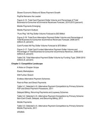 Slower Economic Rebound Slows Payment Growth
     PayPal Remains the Leader
     Figure 2-15: Total Card Payment Dollar Volume and Percentage of Total
     Business-to-Consumer eCommerce Revenues Forecast, 2010-2015 (percent)
     Mobile Payments Emerging
     Mobile Payment Outlook
     “Pure Play” Alt Pay Dollar Volume Forecast to $53 Billion
     Figure 2-16: Total Pure Alternative Payment Dollar Volume and Percentage of
     Total Business-to-Consumer eCommerce Revenues Forecast, 2006-2010
     (billions $, percent)
     Card-Funded Alt Pay Dollar Volume Forecast to $75 Billion
     Figure 2-17: Total Card Funded Alternative Payment Dollar Volume and
     Percentage of Total Business-to-Consumer eCommerce Revenue, 2006-2010
     (billions $, percent)
     Table 2-6: Total Alternative Payment Dollar Volume by Funding Type, 2006-2010
     (billions $, percent)
Chapter 3: Competitive Landscape
     A Note on Chapter Scope
     Elastic Marketplace
     Will Further Stretch
     Endless Alternative Payment Schemes
     Peer-to-Peer and Direct Payments
     Table 3-1: Selected U.S. Alternative Payment Competitors by Primary Scheme:
     P2P and Direct Payment Processors, 2011
     Delayed Billing, Recurring Payments and Layaway Schemes
     Table 3-2: Selected U.S. Alternative Payment Competitors by Primary Scheme:
     Non-Card Credit, Delayed, and Recurring Billing, 2011
     Mobile Payments
     Table 3-3: Selected U.S. Alternative Payment Competitors by Primary Scheme:
     Mobile Payments, 2011
     eWallets
 