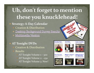 S A D  C l dStrategy‐A‐Day Calendar
Creation & Distribution
AT Tonight DVDs
Creation & Distribution
R lResults
AT Tonight ...