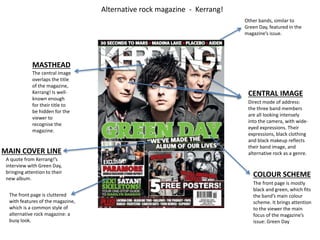 Alternative rock magazine - Kerrang! 
CENTRAL IMAGE 
Direct mode of address: 
the three band members 
are all looking intensely 
into the camera, with wide-eyed 
expressions. Their 
expressions, black clothing 
and black makeup reflects 
their band image, and 
alternative rock as a genre. 
MASTHEAD 
The central image 
overlaps the title 
of the magazine, 
Kerrang! Is well-known 
enough 
for their title to 
be hidden for the 
viewer to 
recognise the 
magazine. 
The front page is cluttered 
with features of the magazine, 
which is a common style of 
alternative rock magazine: a 
busy look. 
The front page is mostly 
black and green, which fits 
the band’s main colour 
scheme. It brings attention 
to the viewer the main 
focus of the magazine’s 
issue: Green Day 
MAIN COVER LINE 
A quote from Kerrang!’s 
interview with Green Day, 
bringing attention to their 
new album. 
Other bands, similar to 
Green Day, featured in the 
magazine’s issue. 
COLOUR SCHEME 
 