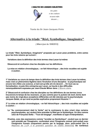 L’ANALYSE DES LOGIQUES SUBJECTIVES




                                        Une logique de la déraison, une micro-sémantique du fantasme ...




                                          Texte du Dr Jean-Jacques Pinto
                                      Psychanalyste, formateur et conférencier
                                                   Aix-Marseille




         Alternative à la triade "Réel, Symbolique, Imaginaire"
                                                                        
                                                       ( Mise à jour du 19/9/2012)



 La triade "Réel, Symbolique, Imaginaire" proposée par Lacan pose problème, entre autres pour les trois raisons qui
 suivent :

_.   Variations dans la définition des trois termes chez Lacan lui-même

_.   Désaccord et confusion chez les disciples sur les définitions

_.   La mise en relation chronologique, - en fait hiérarchique -, des trois vocables est sujette à caution.



 1° Variations au cours du temps dans la définition des trois termes chez Lacan lui-même, mais c'est un phénomène
 légitime dans l'évolution d'une discipline : la psychanalyse est encore loin d'être une science, si tant est qu'elle ait à le
 devenir ... En tout cas sa formalisation, à juste titre entreprise par Lacan, se heurte à des difficultés remarquablement
 exposées par Jean-Claude Milner dans L’Œuvre claire.

 2° Désaccord et confusion chez les disciples sur les définitions de ces termes (nous trouverons le temps de les recenser), un
 peu comme pour la pulsion de mort, terme dont pas moins de vingt-deux acceptions différentes ont été relevées par le
 psychanalyste Jacques Sédat, ce qui rend sa portée explicative proprement illusoire ! !

 3° La mise en relation chronologique, - en fait hiérarchique -, des trois vocables est sujette à caution :

_.   Le "Au commencement était le Verbe" est le contresens le plus criant chez certains psychanalystes, qui veulent faire
          précéder le Réel par le Symbolique. Un titre comme celui de Françoise Dolto : "Tout est langage", manifeste ce
          type d'interprétation.

_.   D'autres, avec des expressions comme "accéder au Symbolique", veulent que ce dernier soit précédé par l'Imaginaire,
          confondant ainsi l'imaginaire animal (pré-verbal) avec l'Imaginaire humain uniquement permis par le langage,
          donc post-verbal (lire la Réponse de J.J.P. à la première question de Cédric Detienne). De nombreux passages tirés
          des textes de Lacan montreront ici que, pour lui, - après la phase "pré-classique" où il les introduit dans l'ordre
          S, I, R(1) -, le seul ordre logique et chronologique devient et restera R, S, I : Réel, puis Symbolique, puis
          Imaginaire. Ceci est une pure mise au point sur sa pensée, qui ne préjuge en rien du bien fondé de ses thèses
                     (1)
          ...            Remarquons que cet ordre pré-classique se calque sur l'ordre Signifiant, Signifié, Référent de la
          linguistique structurale. Nous y reviendrons.

 Pour les raisons précitées, nous proposons une terminologie différente, bien sûr critiquable elle aussi, mais plus intelligible
 donc plus accessible à la réfutation. Voici la liste des adjectifs qui seront définis prochainement ici (suivre sur le schéma ci-
 dessous la mise en place progressive des termes proposés) :
 