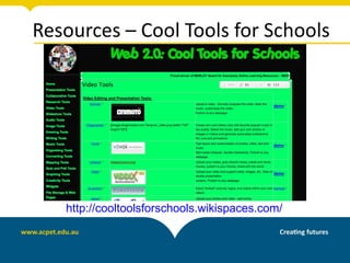 Resources – Cool Tools for Schools




   http://cooltoolsforschools.wikispaces.com/
 