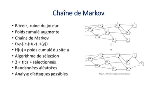 Chaîne de Markov
• Bitcoin, ruine du joueur
• Poids cumulé augmente
• Chaîne de Markov
• Exp(-α.(H(x)-H(y))
• H(u) = poids cumulé du site u
• Algorithme de sélection
• 2 « tips » sélectionnés
• Randonnées aléatoires
• Analyse d’attaques possibles
 