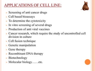 APPLICATIONS OF CELL LINE:
 Screening of anti cancer drugs
 Cell based bioassays
 To determine the cytotoxicity
 In vitro screening of several drugs
 Production of anti viral vaccines
 Cancer research, which require the study of uncontrolled cell
division in culture
 Cell fusion technique
 Genetic manipulation
 Gene therapy
 Recombinant DNA therapy
 Biotechnology
 Molecular biology……etc.
 