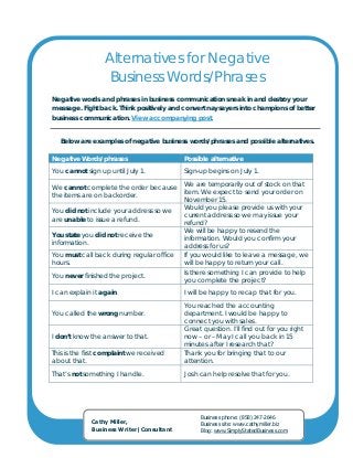  
   Alternatives for Negative
Business Words/Phrases
Negative words and phrases in business communication sneak in and destroy your
message. Fight back. Think positively and convert naysayers into champions of better
business communication. View accompanying post. 
Below are examples of negative business words/phrases and possible alternatives. 
Negative Words/phrases Possible alternative
You cannot sign up until July 1. Sign-up begins on July 1.
We cannot complete the order because
the items are on backorder.
We are temporarily out of stock on that
item. We expect to send your order on
November 15.
You did not include your address so we
are unable to issue a refund.
Would you please provide us with your
current address so we may issue your
refund?
You state you did not receive the
information.
We will be happy to resend the
information. Would you confirm your
address for us?
You must call back during regular office
hours.
If you would like to leave a message, we
will be happy to return your call.
You never finished the project.
Is there something I can provide to help
you complete the project?
I can explain it again. I will be happy to recap that for you.
You called the wrong number.
You reached the accounting
department. I would be happy to
connect you with sales.
I don’t know the answer to that.
Great question. I’ll find out for you right
now – or – May I call you back in 15
minutes after I research that?
This is the first complaint we received
about that.
Thank you for bringing that to our
attention.
That’s not something I handle. Josh can help resolve that for you.
 
Cathy Miller,
Business Writer|Consultant
Business phone: (858) 247-2646
Business site: www.cathymiller.biz
Blog: www.SimplyStatedBusiness.com
 