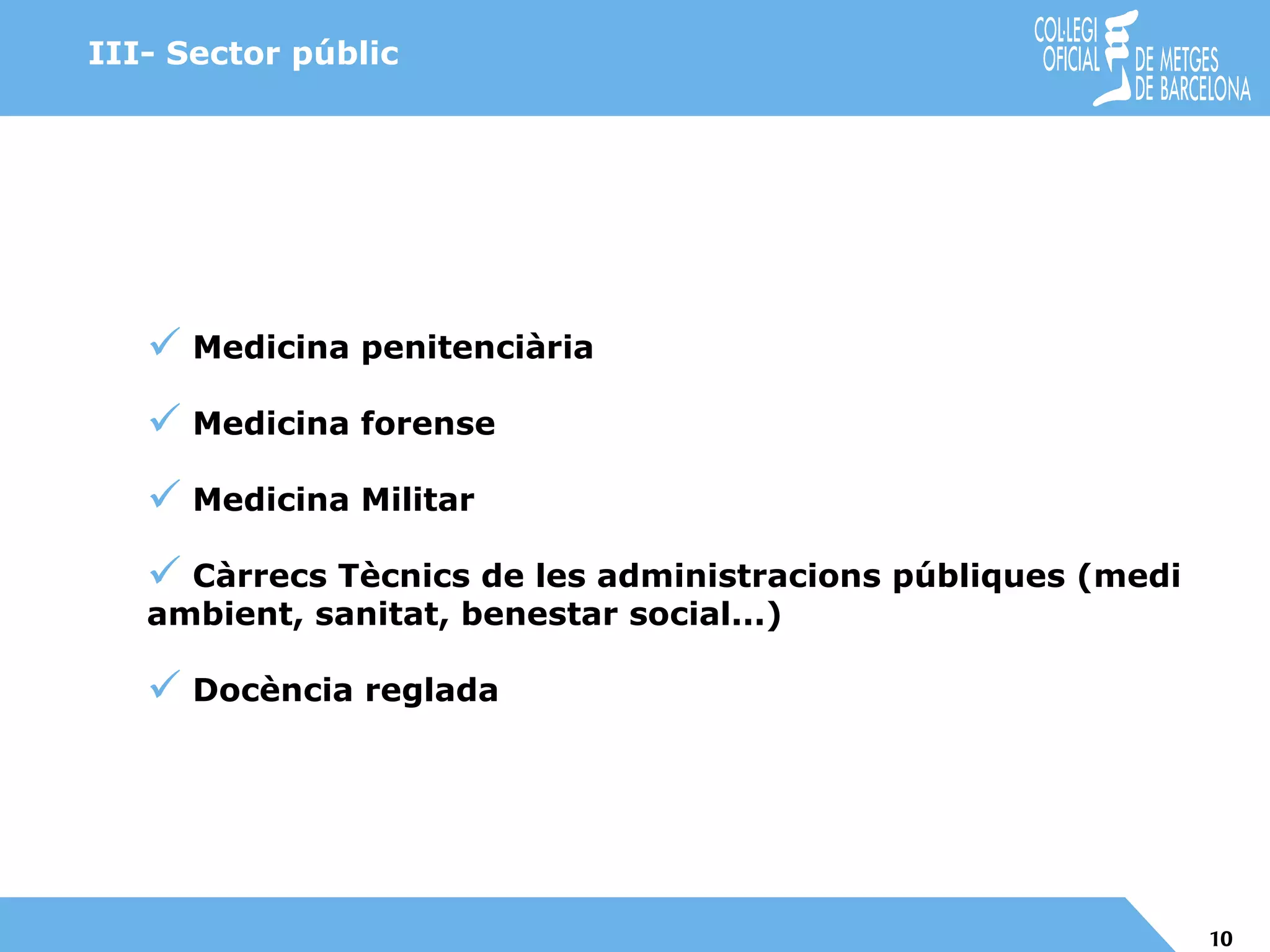 Medicina penitenciària Medicina forense Medicina Militar Càrrecs Tècnics de les administracions públiques (medi ambient, sanitat, benestar social...) Docència reglada III- Sector públic 