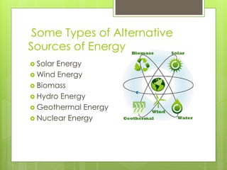 Some Types of Alternative
Sources of Energy
 Solar Energy
 Wind Energy
 Biomass
 Hydro Energy
 Geothermal Energy
 Nuclear Energy
 