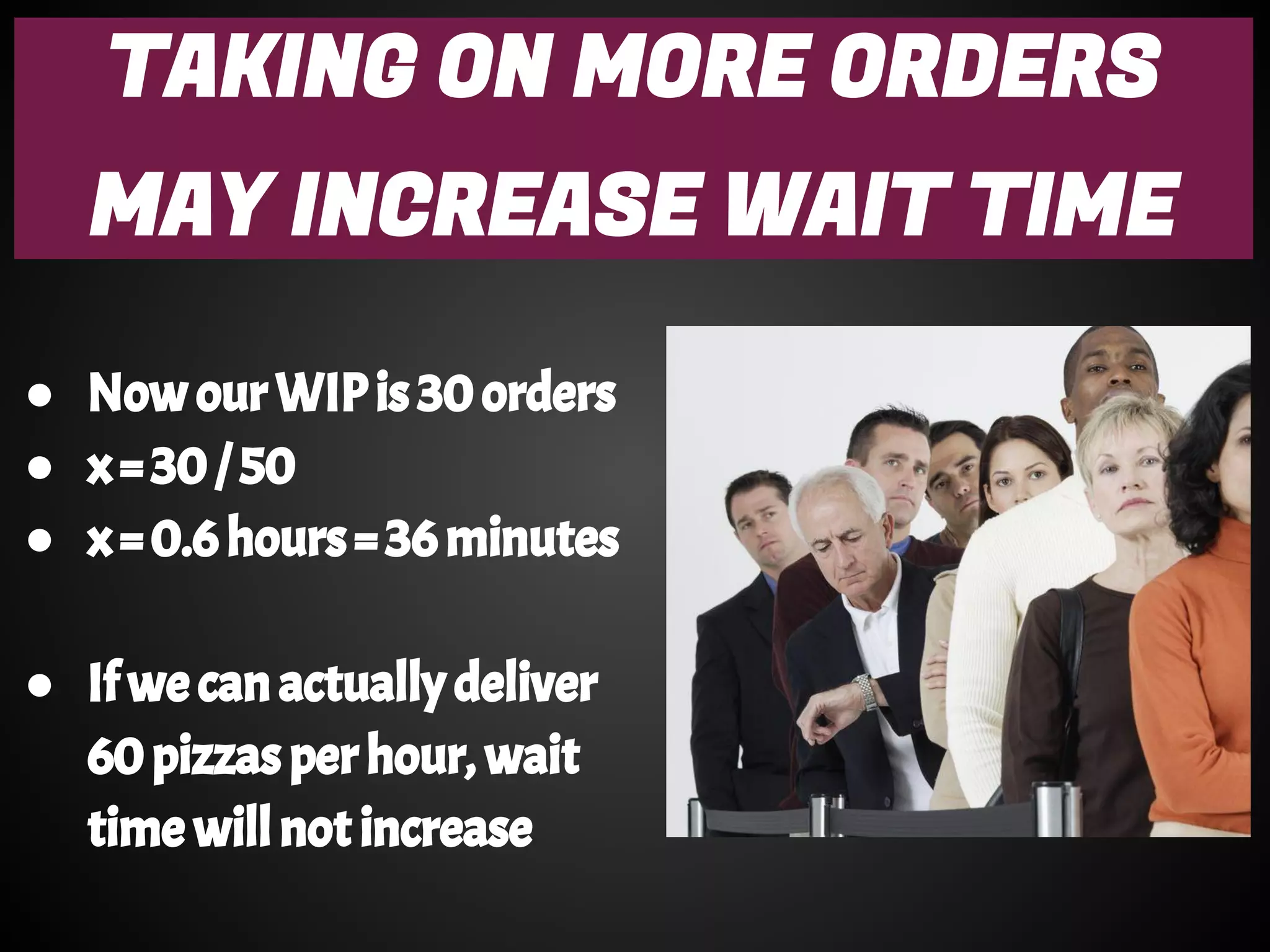 TAKING ON MORE ORDERS
MAY INCREASE WAIT TIME
● Now our WIP is 30 orders
● x = 30 / 50
● x = 0.6 hours = 36 minutes
● If we can actually deliver
60 pizzas per hour, wait
time will not increase
 