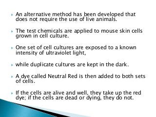  An alternative method has been developed that
does not require the use of live animals.
 The test chemicals are applied to mouse skin cells
grown in cell culture.
 One set of cell cultures are exposed to a known
intensity of ultraviolet light,
 while duplicate cultures are kept in the dark.
 A dye called Neutral Red is then added to both sets
of cells.
 If the cells are alive and well, they take up the red
dye; if the cells are dead or dying, they do not.
 