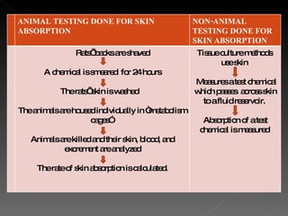 ANIMAL TESTING DONE FOR SKIN ABSORPTION NON-ANIMAL TESTING DONE FOR SKIN ABSORPTION Rats’ backs are shaved  A chemical is smeared  for 24 hours  The rats’ skin is washed  The animals are housed individually in “metabolism cages”  Animals are killed and their skin, blood, and excrement are analyzed The rate of skin absorption is calculated. Tissue culture methods  use skin  Measures a test chemical which passes  across skin to a fluid reservoir.  Absorption of a test chemical is measured  