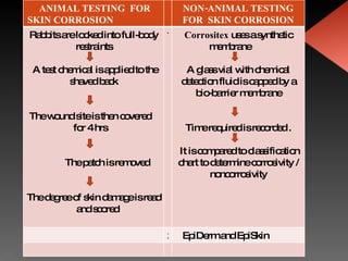 ANIMAL TESTING  FOR SKIN CORROSION  NON-ANIMAL TESTING FOR  SKIN CORROSION Rabbits are locked into full-body restraints A test chemical is applied to the shaved back The wound site is then covered  for 4 hrs  The patch is removed  The degree of skin damage is read  and scored  1 Corrositex  uses a synthetic membrane  A glass vial with chemical detection fluid is capped by a   bio-barrier membrane Time required is recorded . It is compared to classification chart to determine corrosivity / noncorrosivity 2 EpiDerm and EpiSkin 