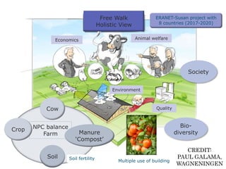 Free Walk
Holistic View
Animal welfareEconomics
Environment
Cow
Soil
NPC balance
Farm Manure
‘Compost’
Quality
Free Walk
Holistic View
Animal welfare
Society
Economics
Environment
Cow
Soil
NPC balance
Farm
Quality
Manure
‘Compost’
Crop
Bio-
diversity
Soil fertility
Multiple use of building
ERANET-Susan project with
8 countries (2017-2020)
CREDIT:
PAUL GALAMA,
WAGNENINGEN
 