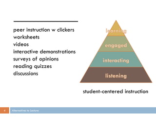 peer instruction w clickers
     worksheets
     videos
     interactive demonstrations
     surveys of opinions
     reading quizzes
     discussions

                                   student-centered instruction


4   Alternatives to Lecture
 