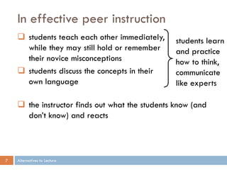 In effective peer instruction
     students teach each other immediately,     students learn
      while they may still hold or remember      and practice
      their novice misconceptions                how to think,
     students discuss the concepts in their     communicate
      own language                               like experts

     the instructor finds out what the students know (and
      don’t know) and reacts



7   Alternatives to Lecture
 