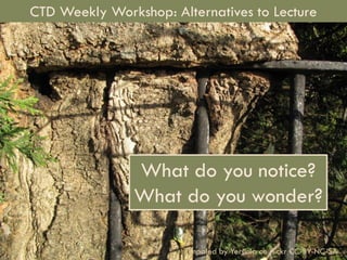 Alternatives to Lecture1
What do you notice?
What do you wonder?
impaled by Yersinia on flickr CC-BY-NC-SA
CTD Weekly Workshop: Alternatives to Lecture
 