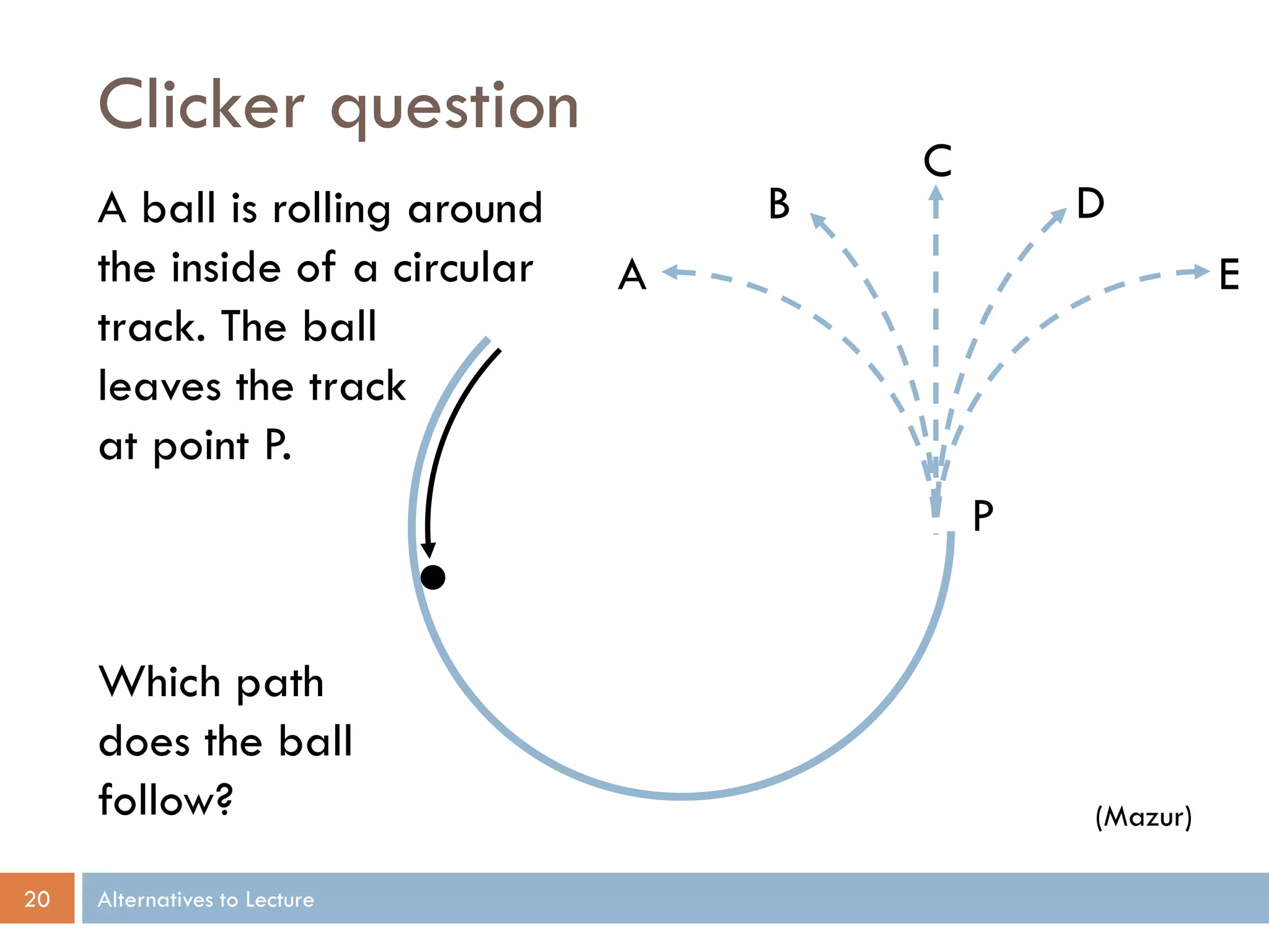 Clicker question
                                        C
     A ball is rolling around       B           D
     the inside of a circular   A                         E
     track. The ball
     leaves the track
     at point P.
                                            P


     Which path
     does the ball
     follow?                                    (Mazur)

20   Alternatives to Lecture
 