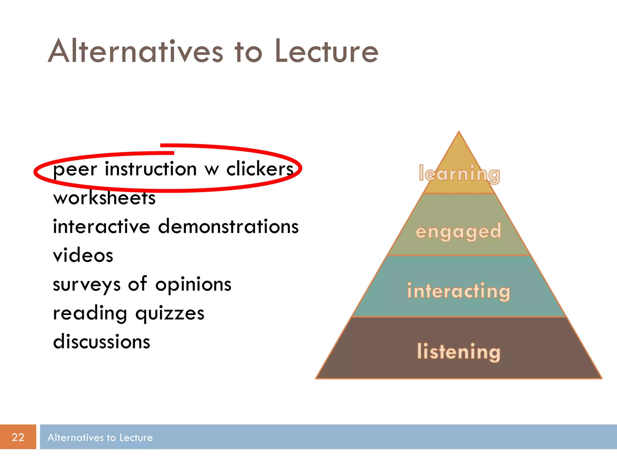 Alternatives to Lecture


      peer instruction w clickers
      worksheets
      interactive demonstrations
      videos
      surveys of opinions
      reading quizzes
      discussions


22   Alternatives to Lecture
 
