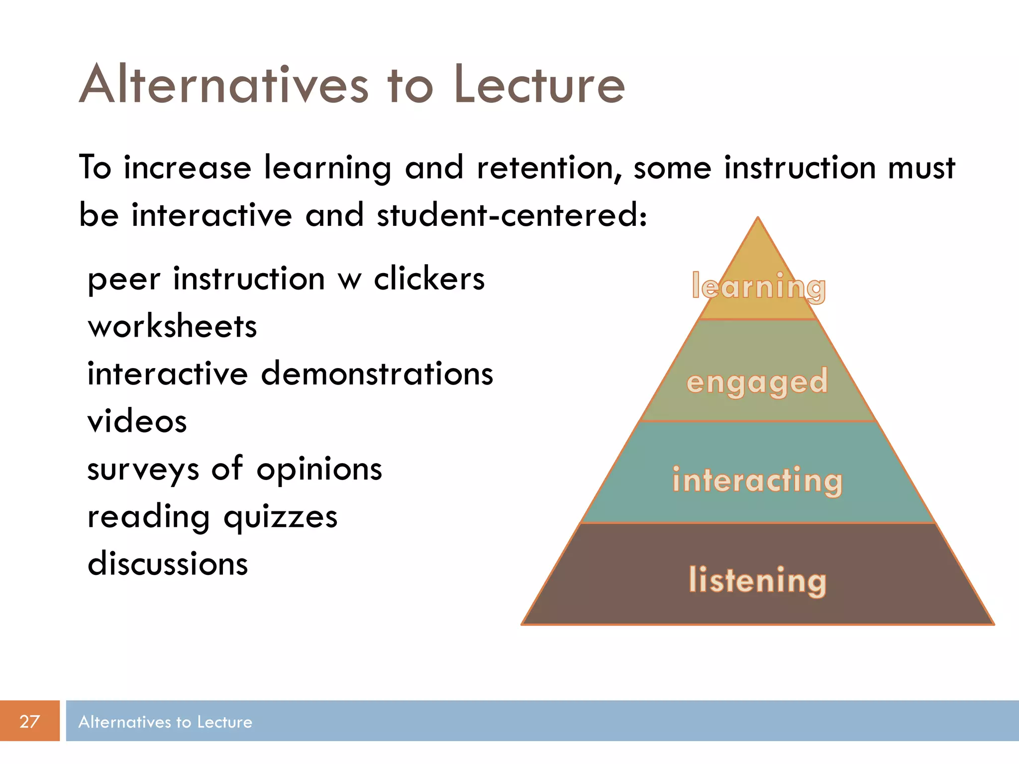 Alternatives to Lecture
     To increase learning and retention, some instruction must
     be interactive and student-centered:
      peer instruction w clickers
      worksheets
      interactive demonstrations
      videos
      surveys of opinions
      reading quizzes
      discussions


27   Alternatives to Lecture
 