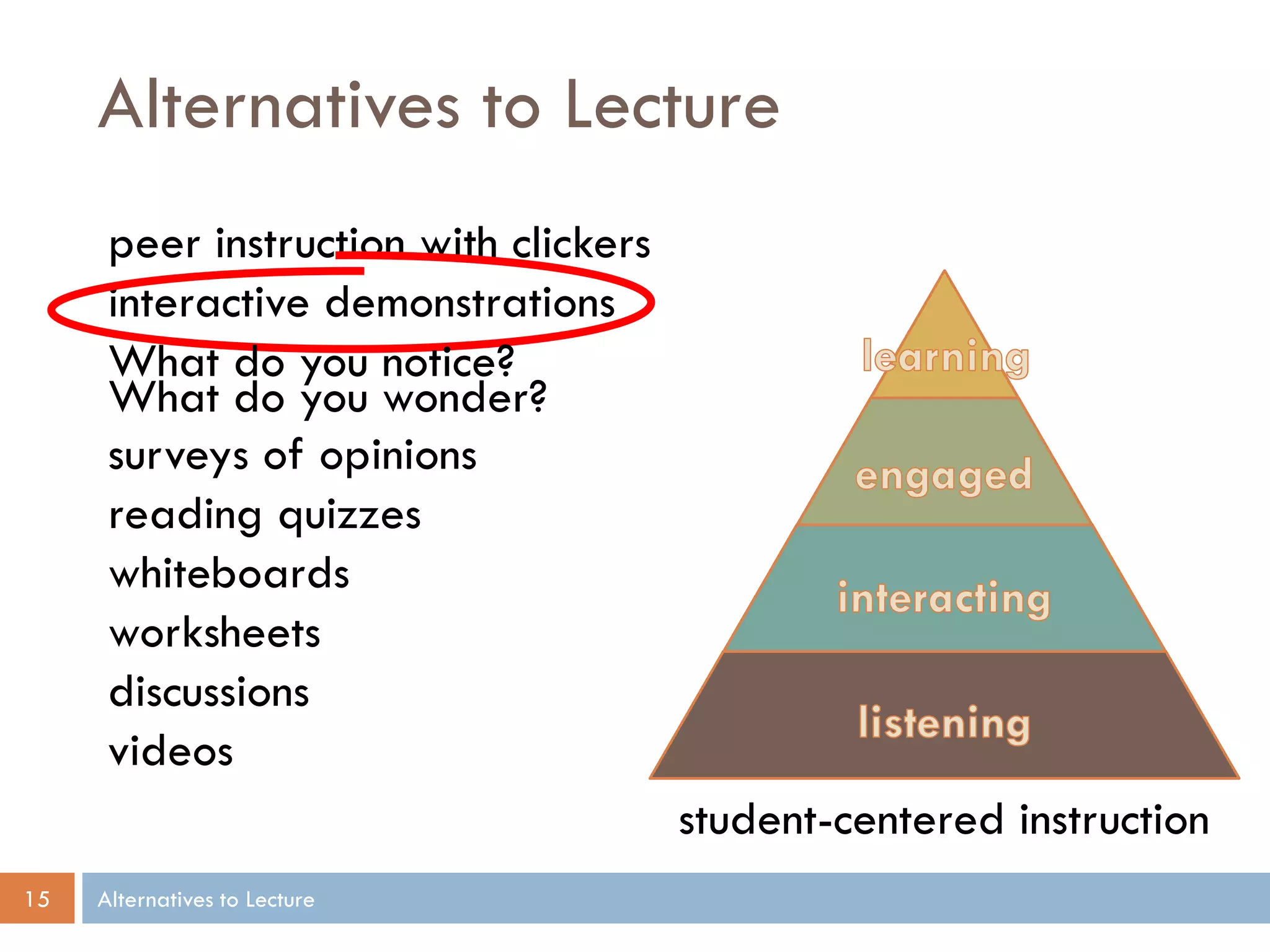 Alternatives to Lecture
peer instruction with clickers
interactive demonstrations
What do you notice?
What do you wonder?
surveys of opinions
reading quizzes
whiteboards
worksheets
discussions
videos
student-centered instruction
15

Alternatives to Lecture

 