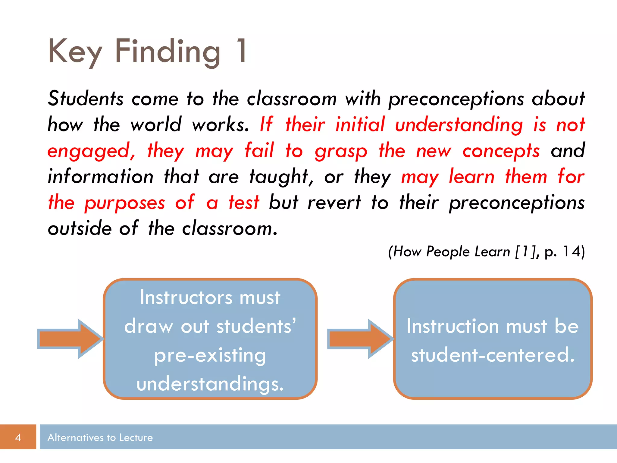 Key Finding 1
Students come to the classroom with preconceptions about
how the world works. If their initial understanding is not
engaged, they may fail to grasp the new concepts and
information that are taught, or they may learn them for
the purposes of a test but revert to their preconceptions
outside of the classroom.
(How People Learn [1], p. 14)

Instructors must
draw out students’
pre-existing
understandings.
4

Alternatives to Lecture

Instruction must be
student-centered.

 