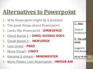 Alternatives to Powerpoint
1.
2.
3.
4.
5.
6.
7.
8.
9.

Why Powerpoint might be a problem
The good things about Powerpoint
Looks like Powerpoint - OPENOFFICE
Cloud Based 1 – ZOHO, GOOGLE DOCS
Cloud Based 2 - HAIKUDECK
Less Linear - PREZI
More Visual - LINOIT
Keeping it simple - MINDMEISTER
More Poster, Less Powerpoint - INFOGR.AM

1 - YOU:

Tired of
Powerpoint
2 - You will
need:
Logged in
Web Browser
About 40 Min

 