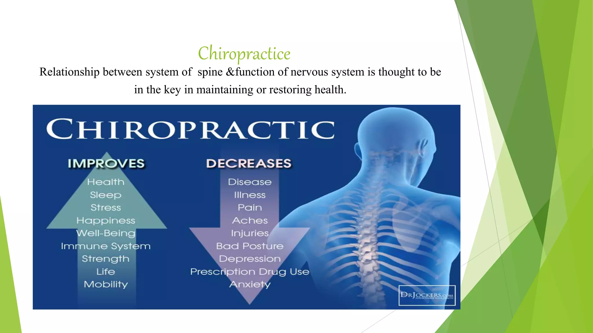 Chiropractice
Relationship between system of spine &function of nervous system is thought to be
in the key in maintaining or restoring health.
 