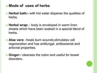  Mode of uses of herbs
 Herbal bath:- with hot water disperse the qualities of
herbs.
 Herbal wrap: - body is enveloped in warm linen
sheets which have been soaked in a special blend of
herbs.
 Aloe vera: -heals burn wounds;stimulates cell
regeneration and has antifungal, antibacterial and
antiviral properties.
 Ginger:- cleanses the colon and useful for bowel
disorders.
 