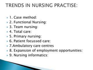    1. Case method:
   2. Functional Nursing:
   3. Team nursing:
   4. Total care:
   5. Primary nursing:
   6. Patient focussed care:
   7.Ambulatory care centres
   8. Expansion of employment opportunities:
   9. Nursing informatics:
 