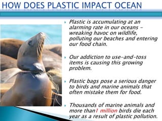  Plastic is accumulating at an 
alarming rate in our oceans - 
wreaking havoc on wildlife, 
polluting our beaches and entering 
our food chain. 
 Our addiction to use-and-toss 
items is causing this growing 
problem. 
 Plastic bags pose a serious danger 
to birds and marine animals that 
often mistake them for food. 
 Thousands of marine animals and 
more than1 million birds die each 
year as a result of plastic pollution. 
 