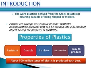  The word plasticis derived from the Greek (plastikos) 
meaning capable of being shaped or molded. 
 Plastics are arrange of synthetic or semi-synthetic 
polymerization products that can be molded into a permanent 
object having the property of plasticity. 
Properties of Plastics 
Resistant Durable Insulator Inexpensive 
Easy to 
produce 
About 100 million tones of plastic is produced each year. 
 