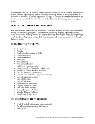 attempt to find out why. If the child says he is getting beatings or forced isolation for trouble at
school, consider reporting only what is absolutely necessary, and not as a consequence for an
incidence or behavior. In general reporting in this type of situation should be at a time when the
incident is considerably behind the child but still problematic. Obviously, report any suspected
abuse.

DISRUPTIVE AND OF TASK BEHAVIOR

Can consist of making rude noises, blurting out, wandering, singing, mocking, or echoing others,
talking off the subject, going into a restricted area, destroying property, repeating questions,
doing messy work, breaking pencils and crayons, touching other peoples things, rushing through
work, doodling, sleeping, opening and closing desk, repeated sharpening pencils and asking for
bathroom passes.

POSSIBLE MOTIVATIONS:

      Escape/Avoidance
      Anxiety
      Challenging Instructions or Tasks
      Attention/Reaction
      Power and Control
      Peer Status
      Peer Attention
      Poor Impulse Control
      Inability to Sustain Attention
      Instruction is Too Challenging or Too Long
      Not Salient Enough To Hold Attention
      Lack of Confidence or Insecurity
      Does not Feel Part of the Group or Community
      Lack of Organizations Skills
      Lack of Motivation
      Lack of Relevance
      Problems with Depression
      Ongoing Trauma at Home
      Poor Fine-Motor abilities
      Sensory Integration Problems
      Visual or Hearing Problems
      Neurological Involvement

CONSEQUENCES THAT RESTORE

    Break down task into more do-able assignment
    Provide intermittent enhance staff support
    Use proximity



                                  /home/pptfactory/temp/20110625101410/alternativetopunishment-110625051409-phpapp01.doc
 