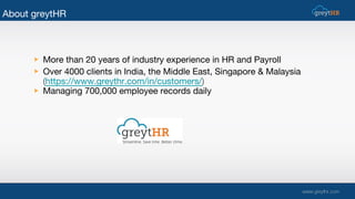 About greytHR
▶ More than 20 years of industry experience in HR and Payroll
▶ Over 4000 clients in India, the Middle East,...