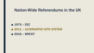 Nation-Wide Referendums in the UK
■ 1975 – EEC
■ 2011 – ALTERNATIVE VOTE SYSTEM
■ 2016 – BREXIT
 