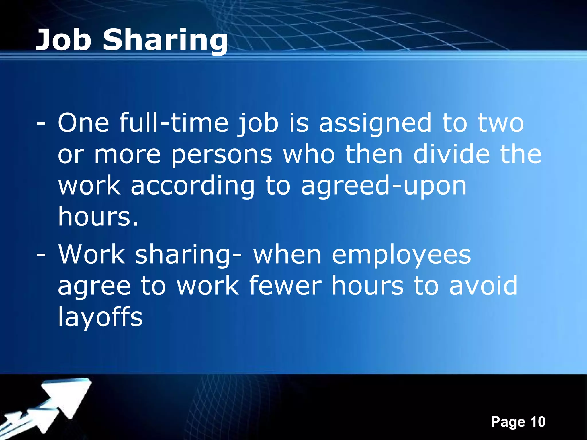 Job Sharing

- One full-time job is assigned to two
  or more persons who then divide the
  work according to agreed-upon
  hours.
- Work sharing- when employees
  agree to work fewer hours to avoid
  layoffs


             Powerpoint Templates
                                    Page 10
 