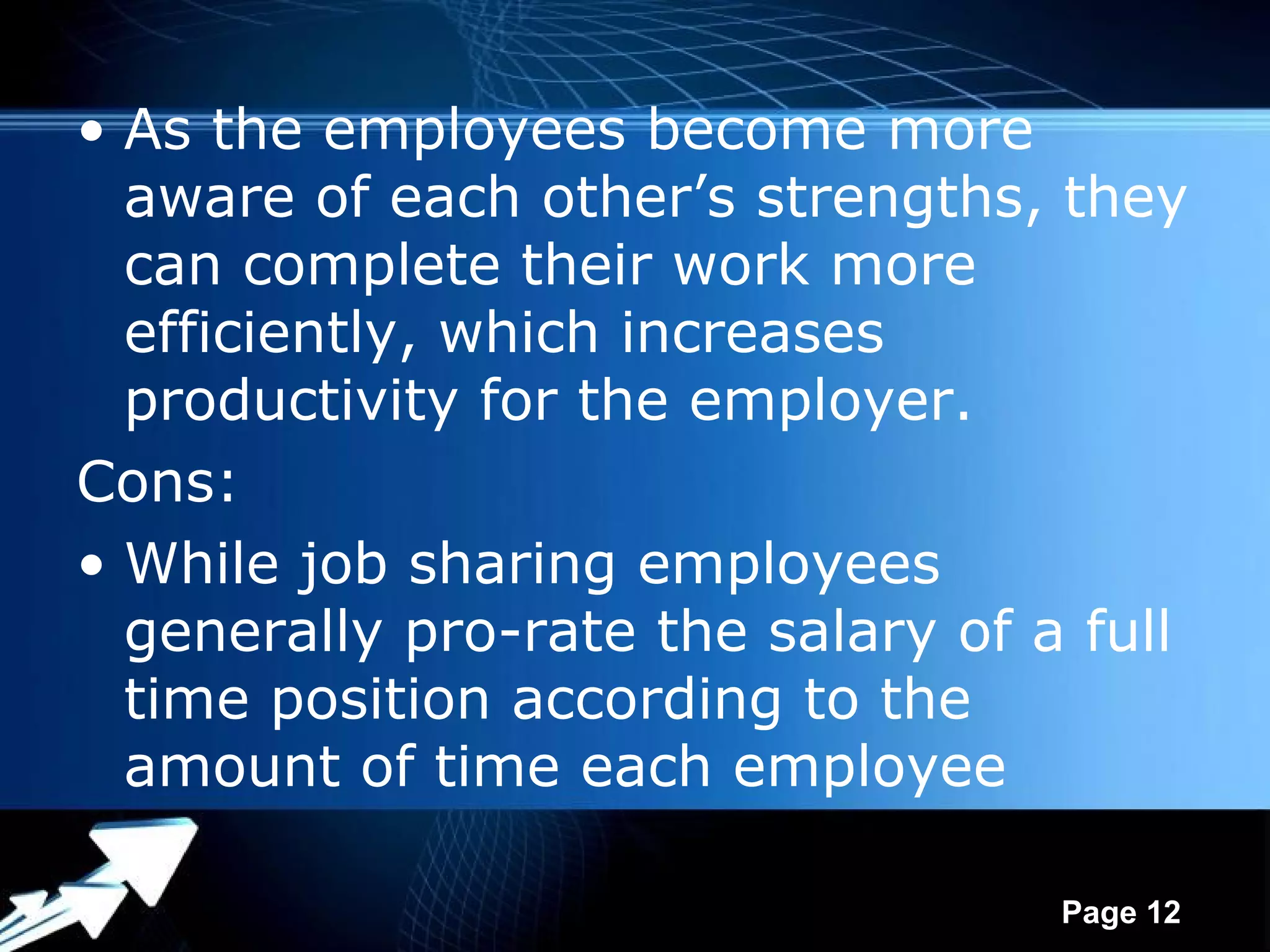 • As the employees become more
  aware of each other’s strengths, they
  can complete their work more
  efficiently, which increases
  productivity for the employer.
Cons:
• While job sharing employees
  generally pro-rate the salary of a full
  time position according to the
  amount of time each employee

              Powerpoint Templates
                                     Page 12
 
