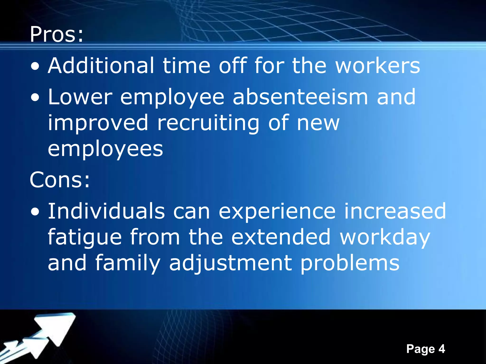 Pros:
• Additional time off for the workers
• Lower employee absenteeism and
  improved recruiting of new
  employees
Cons:
• Individuals can experience increased
  fatigue from the extended workday
  and family adjustment problems


             Powerpoint Templates
                                    Page 4
 