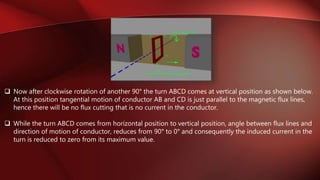 Now after clockwise rotation of another 90° the turn ABCD comes at vertical position as shown below.
At this position tangential motion of conductor AB and CD is just parallel to the magnetic flux lines,
hence there will be no flux cutting that is no current in the conductor.
 While the turn ABCD comes from horizontal position to vertical position, angle between flux lines and
direction of motion of conductor, reduces from 90° to 0° and consequently the induced current in the
turn is reduced to zero from its maximum value.
 
