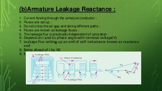 (b)Armature Leakage Reactance :
1. Current flowing through the armature conductor ;
2. Fluxes are set up ;
3. Do not cross the air-gap and taking different paths ;
4. Fluxes are known as leakage fluxes ;
5. The leakage flux is practically independent of saturation .
6. Depend on I and its phase angle with terminal voltage(V).
7. Leakage flux setting up an emf of self-inductance known as reactance
emf
8. Being ahead of I by 90
9. E =V+ I(R+ j XL)
 