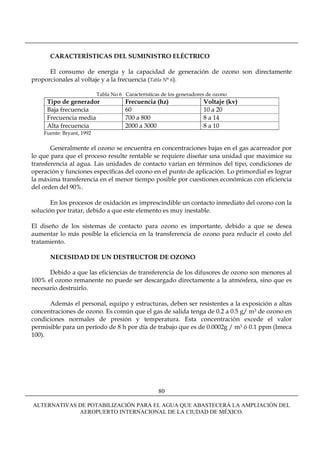 CARACTERÍSTICAS DEL SUMINISTRO ELÉCTRICO

      El consumo de energía y la capacidad de generación de ozono son directamente
proporcionales al voltaje y a la frecuencia (Tabla N° 6).

                           Tabla No 6 Características de los generadores de ozono
     Tipo de generador                Frecuencia (hz)                  Voltaje (kv)
     Baja frecuencia                  60                               10 a 20
     Frecuencia media                 700 a 800                        8 a 14
     Alta frecuencia                  2000 a 3000                      8 a 10
    Fuente: Bryant, 1992

       Generalmente el ozono se encuentra en concentraciones bajas en el gas acarreador por
lo que para que el proceso resulte rentable se requiere diseñar una unidad que maximice su
transferencia al agua. Las unidades de contacto varían en términos del tipo, condiciones de
operación y funciones específicas del ozono en el punto de aplicación. Lo primordial es lograr
la máxima transferencia en el menor tiempo posible por cuestiones económicas con eficiencia
del orden del 90%.

       En los procesos de oxidación es imprescindible un contacto inmediato del ozono con la
solución por tratar, debido a que este elemento es muy inestable.

El diseño de los sistemas de contacto para ozono es importante, debido a que se desea
aumentar lo más posible la eficiencia en la transferencia de ozono para reducir el costo del
tratamiento.

      NECESIDAD DE UN DESTRUCTOR DE OZONO

      Debido a que las eficiencias de transferencia de los difusores de ozono son menores al
100% el ozono remanente no puede ser descargado directamente a la atmósfera, sino que es
necesario destruirlo.

      Además el personal, equipo y estructuras, deben ser resistentes a la exposición a altas
concentraciones de ozono. Es común que el gas de salida tenga de 0.2 a 0.5 g/ m3 de ozono en
condiciones normales de presión y temperatura. Esta concentración excede el valor
permisible para un período de 8 h por día de trabajo que es de 0.0002g / m3 ó 0.1 ppm (Imeca
100).




                                                    80

ALTERNATIVAS DE POTABILIZACIÓN PARA EL AGUA QUE ABASTECERÁ LA AMPLIACIÓN DEL
             AEROPUERTO INTERNACIONAL DE LA CIUDAD DE MÉXICO.
 
