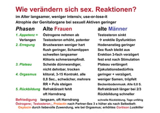 Wie verändern sich sex. Reaktionen?
im Alter langsamer, weniger intensiv, use-or-lose-it
Atrophie der Genitalorgane bei sexuell Aktiven geringer
Phasen           Alte Frauen                          alte Männer
1. Appetenz =  Östrogene nehmen ab                    Testosteron sinkt
   Verlangen   Testosteron erhöht, potenter             erektile Dysfunktion
2. Erregung    Brustwarzen weniger hart               Hodenanstieg geringer
               flush geringer, Schamlippen            Sex flush bleibt aus
               schwellen langsamer                    Erektion 3-fach verzögert
               Klitoris schmerzempfindl.              fest erst nach Stimulation
3. Plateau     Scheide dünnwandiger,                  Plateau verlängert
               nicht dehnbar, trocken                 Ejakulationsbedürfnis
4. Orgasmus    klitoral, 3-15 Kontrakt. alle          geringer + verzögert,
               0,8 Sec., schwächer, mehrere           weniger Samen, tröpfelt
               RR + Puls steigen                      Beckenbodenmusk. Alle 0,8 S.
5. Rückbildung Refraktärzeit fehlt                    Refraktärzeit länger bei 2/3
               oft Harndrang                          Rückbildung schneller
Befriedigung    langsam, oft Harndrang                schnelle Rückbildung, Tage unfähig
Östrogene↓ Testosteron↓, Prolactin nach Partner-Sex 3 x höher als nach Selbstbefr.
 Oxytocin durch liebevolle Zuwendung, wie bei Orgasmus; erhöhtes Cortison Lustkiller
 