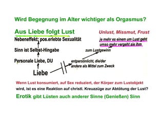 Wird Begegnung im Alter wichtiger als Orgasmus?

Aus Liebe folgt Lust                         Unlust, Missmut, Frust




Wenn Lust konsumiert, auf Sex reduziert, der Körper zum Lustobjekt
wird, ist es eine Reaktion auf christl. Kreuzzüge zur Abtötung der Lust?

Erotik gibt Lüsten auch anderer Sinne (Genießen) Sinn
 