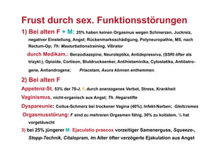 Frust durch sex. Funktionsstörungen
1) Bei alten F + M: 25% haben keinen Orgasmus wegen Schmerzen, Juckreiz,
   negativer Einstellung, Angst; Rückenmarksschädigung, Polyneuropathie, MS, nach
   Rectum-Op; Th: Masturbationstraining, Vibrator

  durch Medikam.: Benzodiazepine, Neuroleptika, Antidepressiva, (SSRI öfter als
   trizykl.), Opioide, Cortison, Blutdrucksenker, Antihistaminika, Cytostatika, Antiöstro-

   gene, Antiandrogene;      Priacetam, Axura können enthemmen.

2) Bei alten F
Appetenz-St. 53% der 70-J. F. durch anerzogenes Verbot, Stress, Krankheit
Vaginismus, nicht-organisch aus Angst; Th. Hegarstifte
Dyspareunie: Coitus-Schmerz bei trockener Vagina (40%), Infekt-Narben; Gleitcremes
Orgasmusstörung: F sind zu mehreren Orgasmen fähig, 30% zu koitalem, ½ hat
   vorgetäuscht
3) bei 25% jüngerer M: Ejaculatio praecox vorzeitiger Samenerguss, Squeeze-,
   Stopp-Technik, Citalopram, im Alter öfter verzögerte Ejakulation aus Angst
 