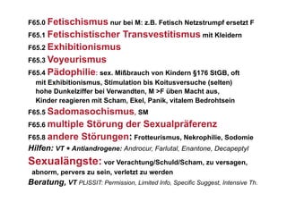 F65.0 Fetischismus nur bei M: z.B. Fetisch Netzstrumpf ersetzt F
F65.1 Fetischistischer          Transvestitismus mit Kleidern
F65.2 Exhibitionismus
F65.3 Voyeurismus
F65.4 Pädophilie: sex. Mißbrauch von Kindern §176 StGB, oft
  mit Exhibitionismus, Stimulation bis Koitusversuche (selten)
  hohe Dunkelziffer bei Verwandten, M >F üben Macht aus,
  Kinder reagieren mit Scham, Ekel, Panik, vitalem Bedrohtsein
F65.5 Sadomasochismus, SM
F65.6 multipleStörung der Sexualpräferenz
F65.8 andere Störungen: Frotteurismus, Nekrophilie, Sodomie
Hilfen: VT + Antiandrogene: Androcur, Farlutal, Enantone, Decapeptyl
Sexualängste: vor Verachtung/Schuld/Scham, zu versagen,
 abnorm, pervers zu sein, verletzt zu werden
Beratung, VT PLISSIT: Permission, Limited Info, Specific Suggest, Intensive Th.
 
