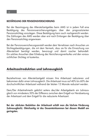 12



      BESTÄTIGUNG DER PENSIONSVERSICHERUNG

      Bei der Beantragung des Altersteilzeitgeldes beim AMS ist in jedem Fall eine
      Bestätigung des Pensionsversicherungsträgers über den prognostizierten
      Pensionsstichtag vorzulegen. Diese Bestätigung kann auch nachgereicht werden.
      Die Zahlungen des AMS werden aber erst nach Einlangen der Bestätigung über
      den Pensionsstichtag angewiesen.

      Bei der Pensionsversicherungsanstalt werden dem Vernehmen nach Ansuchen um
      Stichtagsbestätigungen, die mit dem Vermerk, dass sie für die Einreichung von
      Altersteilzeit benötigt werden, bevorzugt und damit rascher behandelt.
      Ein solches Ansuchen über Erhebung des Versicherungsverlaufes und den voraus-
      sichtlichen Stichtag ist kostenlos.




      Arbeitszeitreduktion und Lohnausgleich


      BezieherInnen von Altersteilzeitgeld müssen ihre Arbeitszeit reduzieren und
      bekommen dafür einen Lohnausgleich. Die Arbeitszeit muss auf 40% bis 60% der
      durchschnittlichen Arbeitszeit während der letzten 12 Monate reduziert werden.

      Dem/Der ArbeitnehmerIn gebührt seitens des/der ArbeitgeberIn ein Lohnaus-
      gleich von mindestens 50% der Differenz zwischen dem Entgelt vor Herabsetzung
      der Arbeitszeit und dem Entgelt für die reduzierte Arbeitszeit.


      Bei der stärksten Reduktion der Arbeitszeit erhält man die höchste Förderung
      (Lohnausgleich). Gleichzeitig ist das Gesamteinkommen bei diesem Modell am
      geringsten.




grundlagen_altersteilzeit_2012_A5_4-1c_scd_korr1.indd 12                       20.08.2012 13:40:01
 
