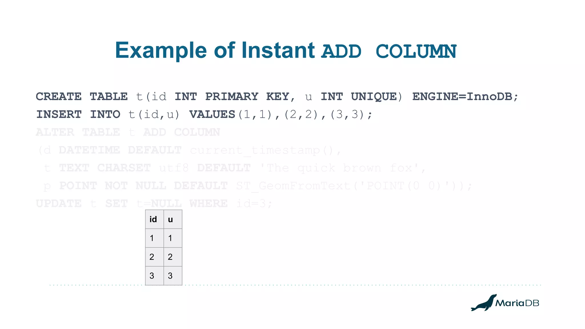 Example of Instant ADD COLUMN CREATE TABLE t(id INT PRIMARY KEY, u INT UNIQUE) ENGINE=InnoDB; INSERT INTO t(id,u) VALUES(1,1),(2,2),(3,3); ALTER TABLE t ADD COLUMN (d DATETIME DEFAULT current_timestamp(), t TEXT CHARSET utf8 DEFAULT 'The quick brown fox', p POINT NOT NULL DEFAULT ST_GeomFromText('POINT(0 0)')); UPDATE t SET t=NULL WHERE id=3; id u 1 1 2 2 3 3 