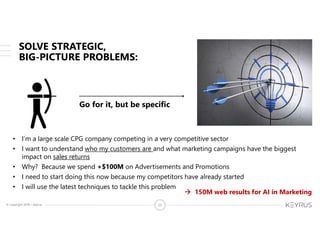 © Copyright 2018 – Keyrus 25
• I’m a large scale CPG company competing in a very competitive sector
• I want to understand who my customers are and what marketing campaigns have the biggest
impact on sales returns
• Why? Because we spend +$100M on Advertisements and Promotions
• I need to start doing this now because my competitors have already started
• I will use the latest techniques to tackle this problem
Go for it, but be specific
SOLVE STRATEGIC,
BIG-PICTURE PROBLEMS:
 150M web results for AI in Marketing
 