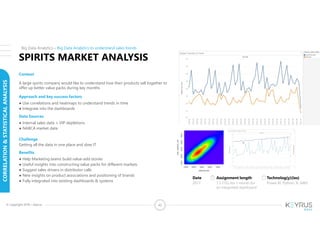 42© Copyright 2018 – Keyrus
Context
A large spirits company would like to understand how their products sell together to
offer up better value packs during key months
Approach and key success factors
● Use correlations and heatmaps to understand trends in time
● Integrate into the dashboards
Data Sources
● Internal sales data + VIP depletions
● NABCA market data
Challenge
Getting all the data in one place and slow IT
Benefits
● Help Marketing teams build value-add stories
● Useful insights into constructing value packs for different markets
● Suggest sales drivers in distributor calls
● New insights on product associations and positioning of brands
● Fully integrated into existing dashboards & systems
Big Data Analytics – Big Data Analytics to understand sales trends
Date
2017
Assignment length
1.5 FTEs for 1 month for
an integrated dashboard
Technolog(y)(ies)
Power BI, Python, R, AWS
CORRELATION&STATISTICALANALYSIS
SPIRITS MARKET ANALYSIS
 