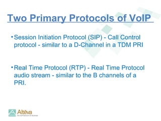 Two Primary Protocols of VoIP  Session Initiation Protocol (SIP) - Call Control protocol - similar to a D-Channel in a TDM PRI Real Time Protocol (RTP) - Real Time Protocol audio stream - similar to the B channels of a PRI. 