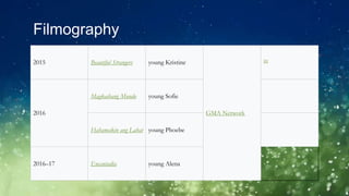 Filmography
2015 Beautiful Strangers young Kristine
GMA Network
[6]
2016
Magkaibang Mundo young Sofie
Hahamakin ang Lahat young Phoebe
2016–17 Encantadia young Alena
 