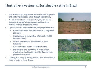 For illustrative purpose only 7
Illustrative investment: Sustainable cattle in Brazil
• The Novo Campo programme aims at intensifying cattle
and restoring degraded lands through agroforestry.
• A pilot project has been successfully implemented,
following Embrapa’s Good Agricultural Practices.
Althelia finances the second phase.
• Upon successful implementation, the programme shall
– Full rehabilitation of 10,000 hectares of degraded
pastures;
– Improvement of the welfare of animals (35,000
heads of cattle);
– Direct improvement of livelihoods of small
ranchers;
– Full certification and traceability of cattle;
– Preservation of c. 25,000 ha of forest which
equates to c.9 million tonnes CO2 of greenhouse
gas emission avoided.
• Looking at scaling up this approach; there are 27 million
head of cattle in Mato Grosso
 